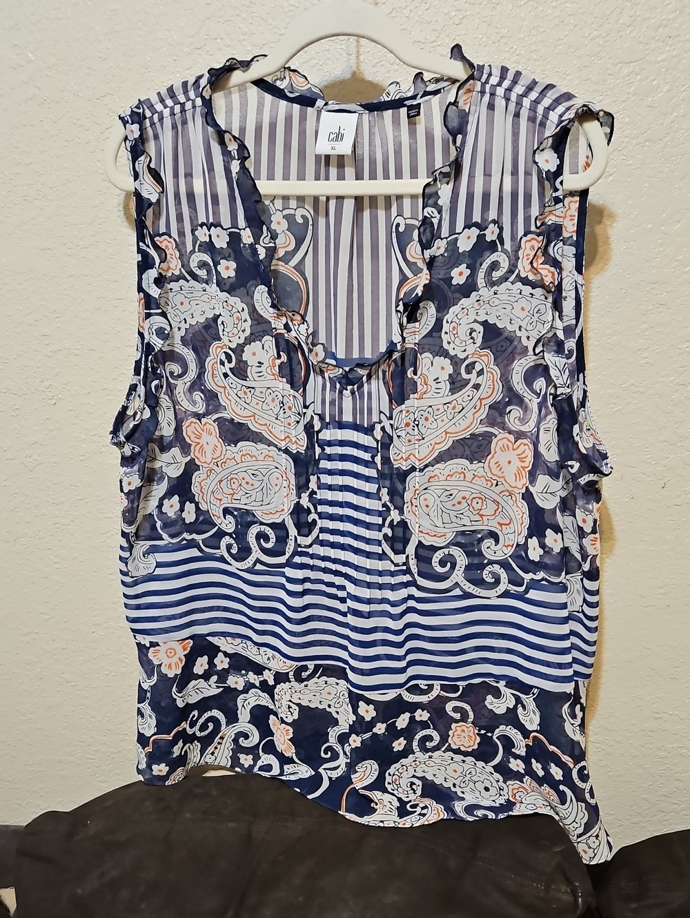 CAbi Navy Paisley & Stripe Ruffle Trim Sleeveless Camisole